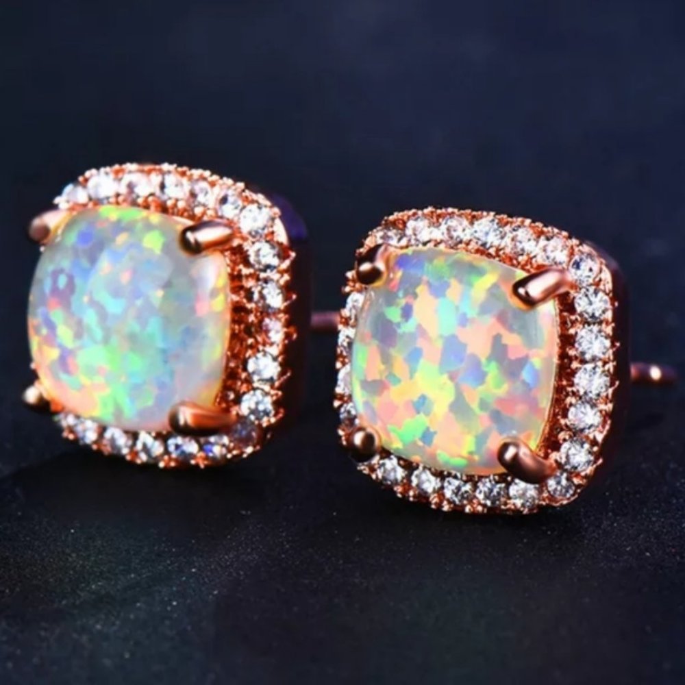 18K Rose Gold White Opal Diamond Halo Earrings - Picture 3 of 7